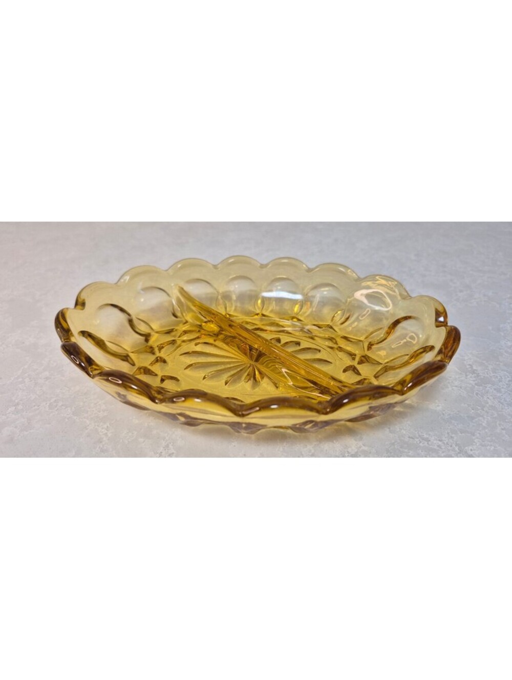 Vintage Amber Pressed Glass Floral Serving / Relish Dish Glass Server